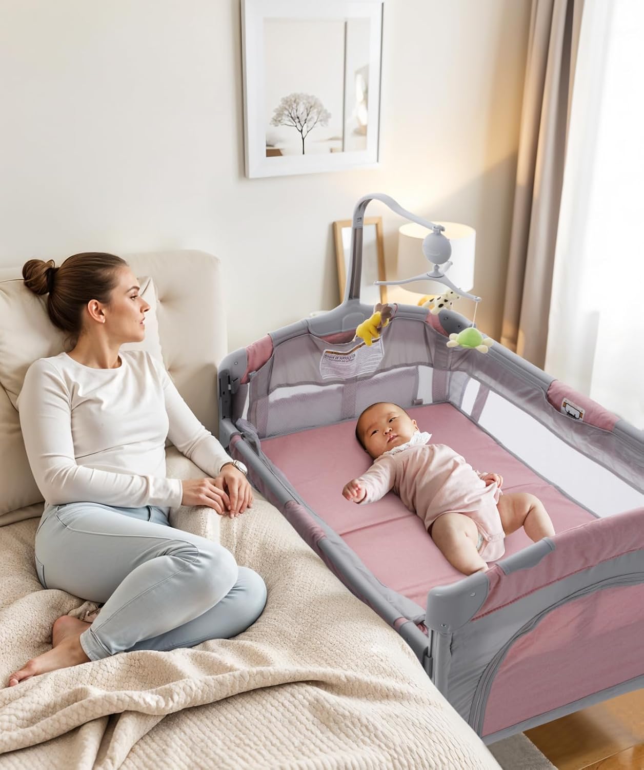 5 in 1 Baby Crib,Bedside Sleeper,Bassinet,Pack and Play with Bassinet and Changing Table,Portable Travel Playpen Music Box,Portable Travel Crib for Infant Newborn (Pink Gray)