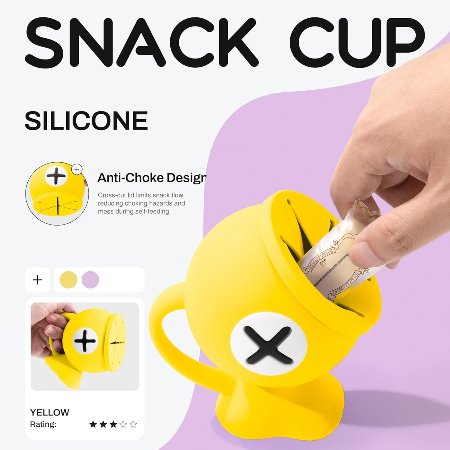 Li&Zhao Toddler Snack Cups - Baby Snack Containers Silicone Snack Cups for Toddlers Spill Proof Baby Food Catcher for Toddlers and Babies(Yellow)