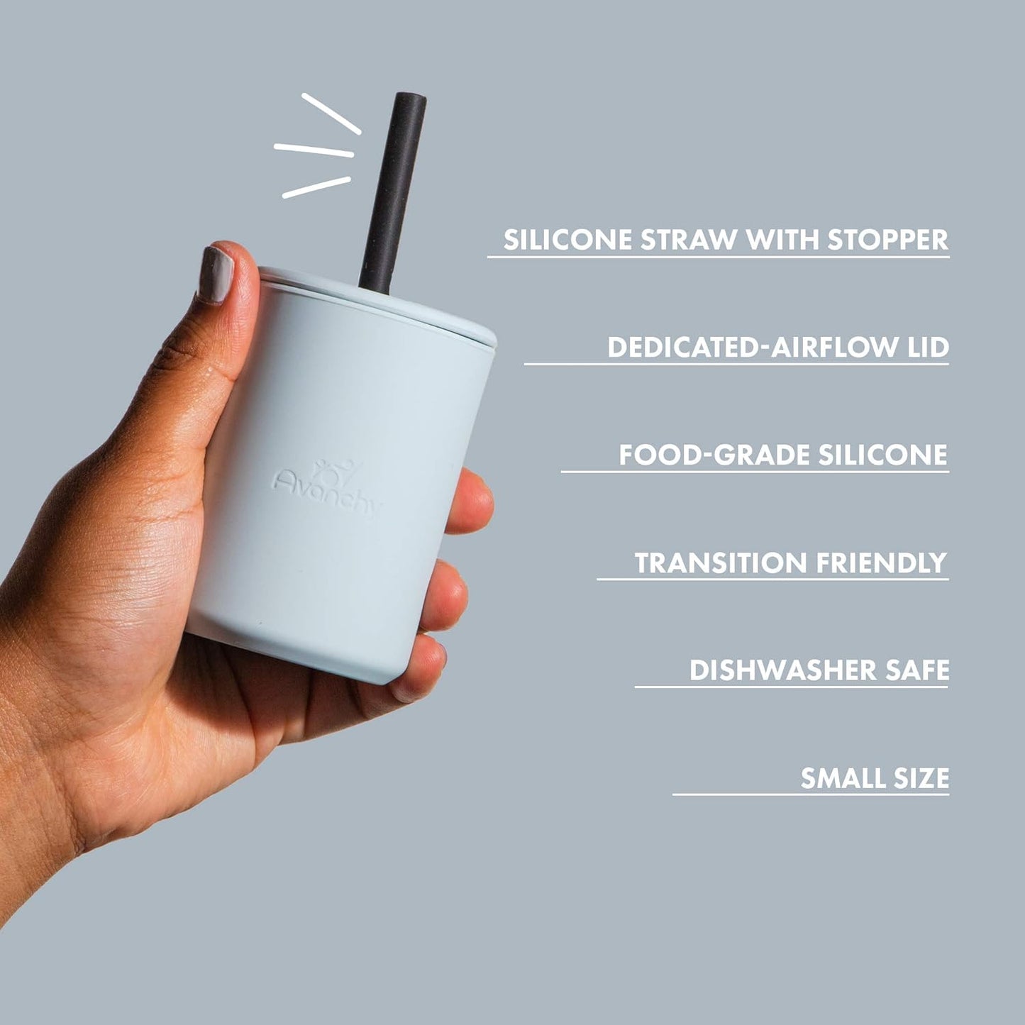 Avanchy Silicone Training Sippy Cup with Straw Lid – For Babies 6+ Months to Toddlers 1 Year Old – 8 oz Infant Water Cup for Baby Led Weaning, Black