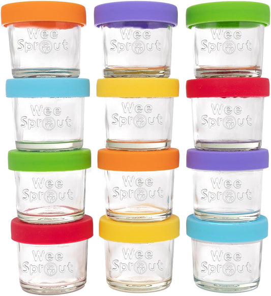 WeeSprout Glass Baby Food Storage Jars w/Lids (4 oz, 12 Pack Set) Snack, Puree, Reusable Small Containers, Breast Milk, Fridge or Freezer, Microwave & Dishwasher Safe, Essential Must Have for Infants