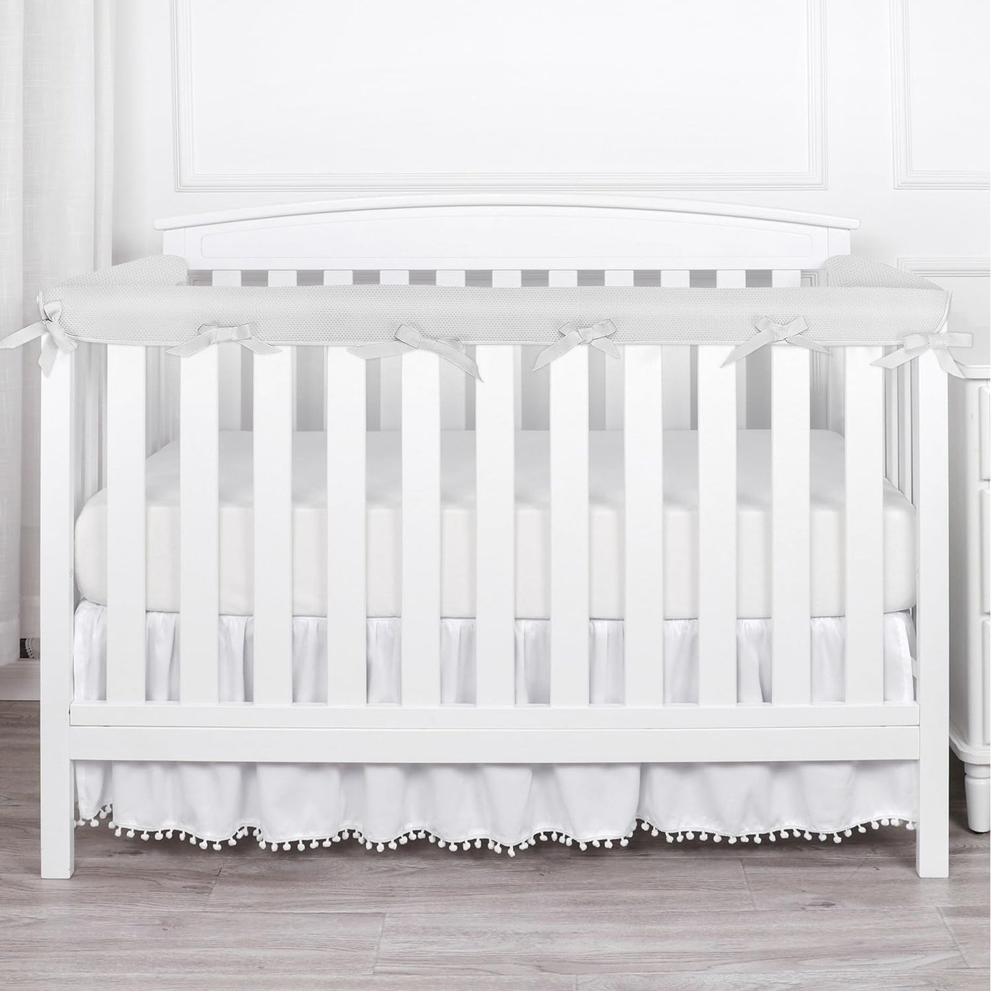3 in 1Crib Mesh Liner for Life Size Cribs,White Soft Anti-Collision Strip Corner Covers,Protect Baby Teeth and Save Crib Rails, Rail Edge Protector Strip (Gray)
