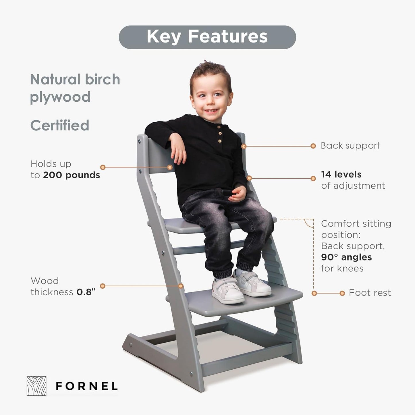 FORNEL Grey Wooden High Chair for Toddlers | The Grow-with-Me Adjustable Chair for Modern Farmhouse & Scandinavian Kitchens | A Smart Stokke Alternative