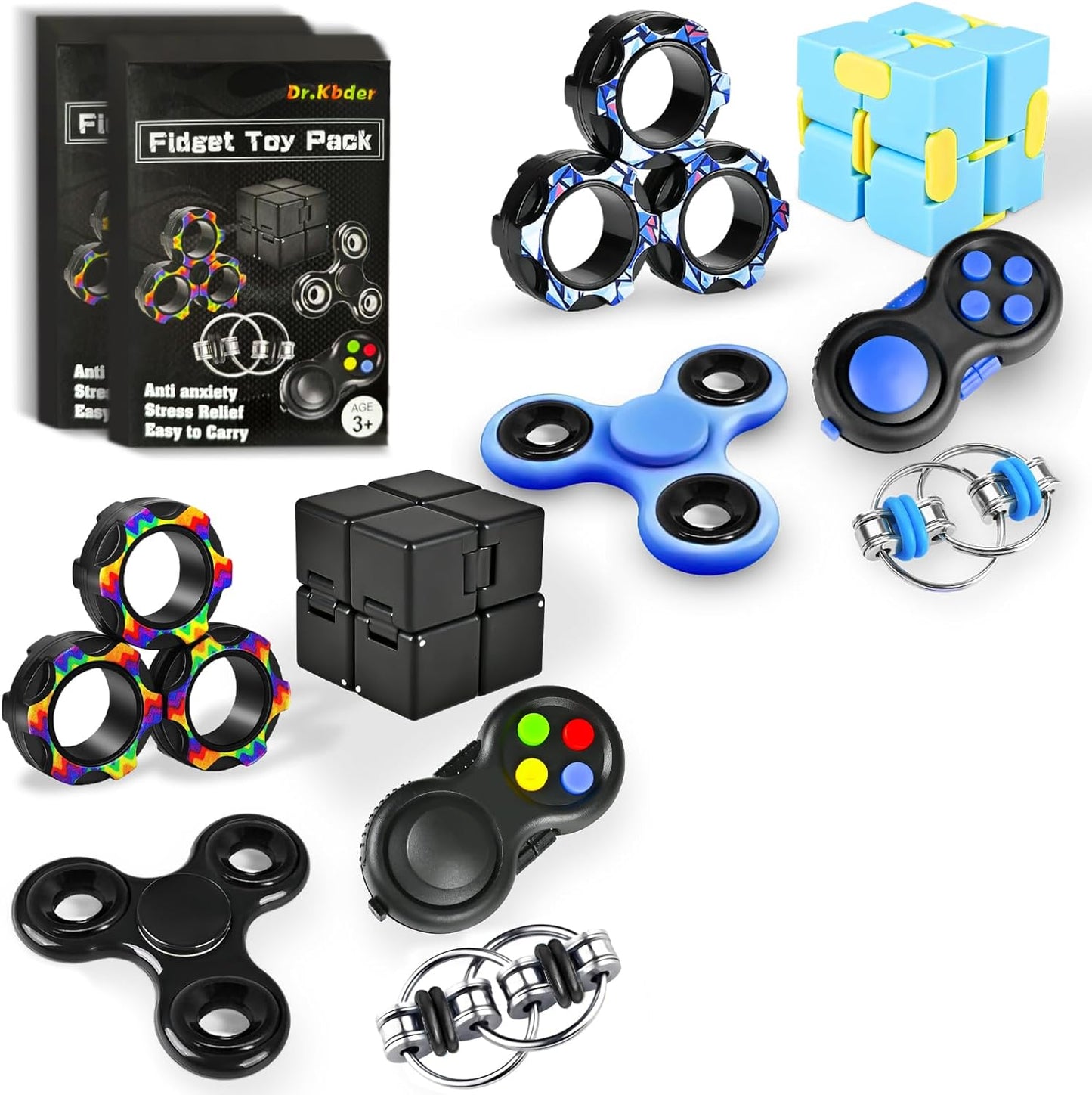 Fidget Toys Adults Set, Easter Basket Stuffers Gift for Kids Teen Cool Gadget Sensory Pack with Figette Spinner Cube ADHD Anxiety Relief Stress Magnetic Ring Office Desk Manget Toy for Boys…