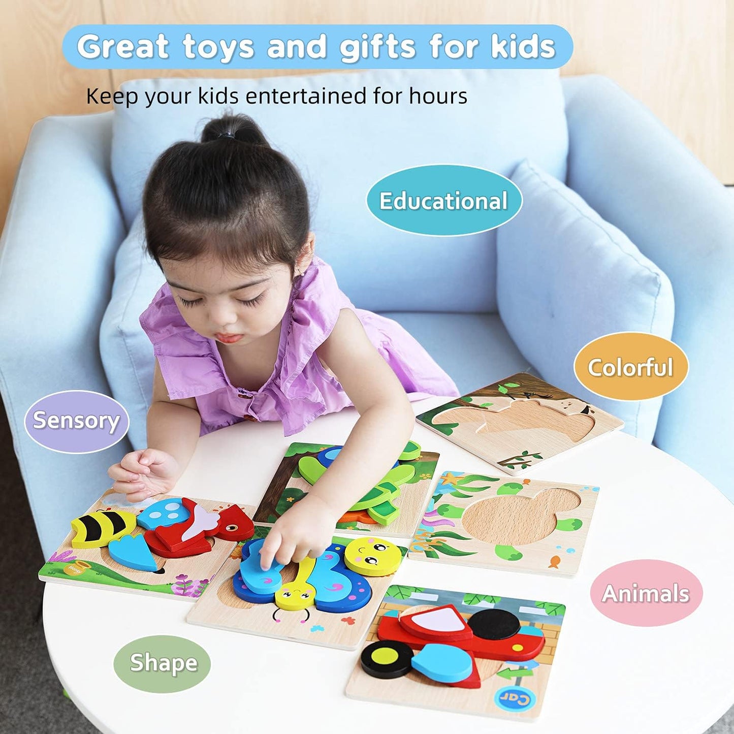 MAGIFIRE Wooden Puzzles for Toddlers 1-3 - 6-Pack Multicolor Animal & Car Puzzles - Toddler Montessori Style Toys