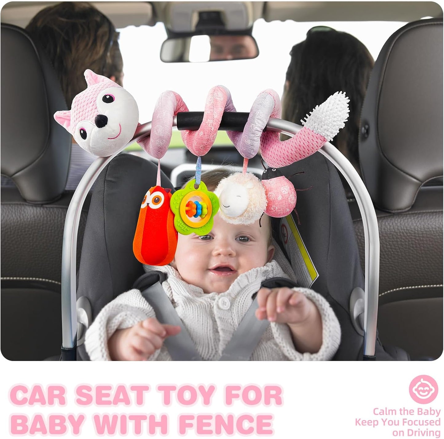 Jollybaby Baby Car Seat Stroller Toys, Plush Activity Hanging Spiral Activity Pram Crib with Music Box, Rattles, Squeaker for Babies Infant Boys Girls(Pink Fox)