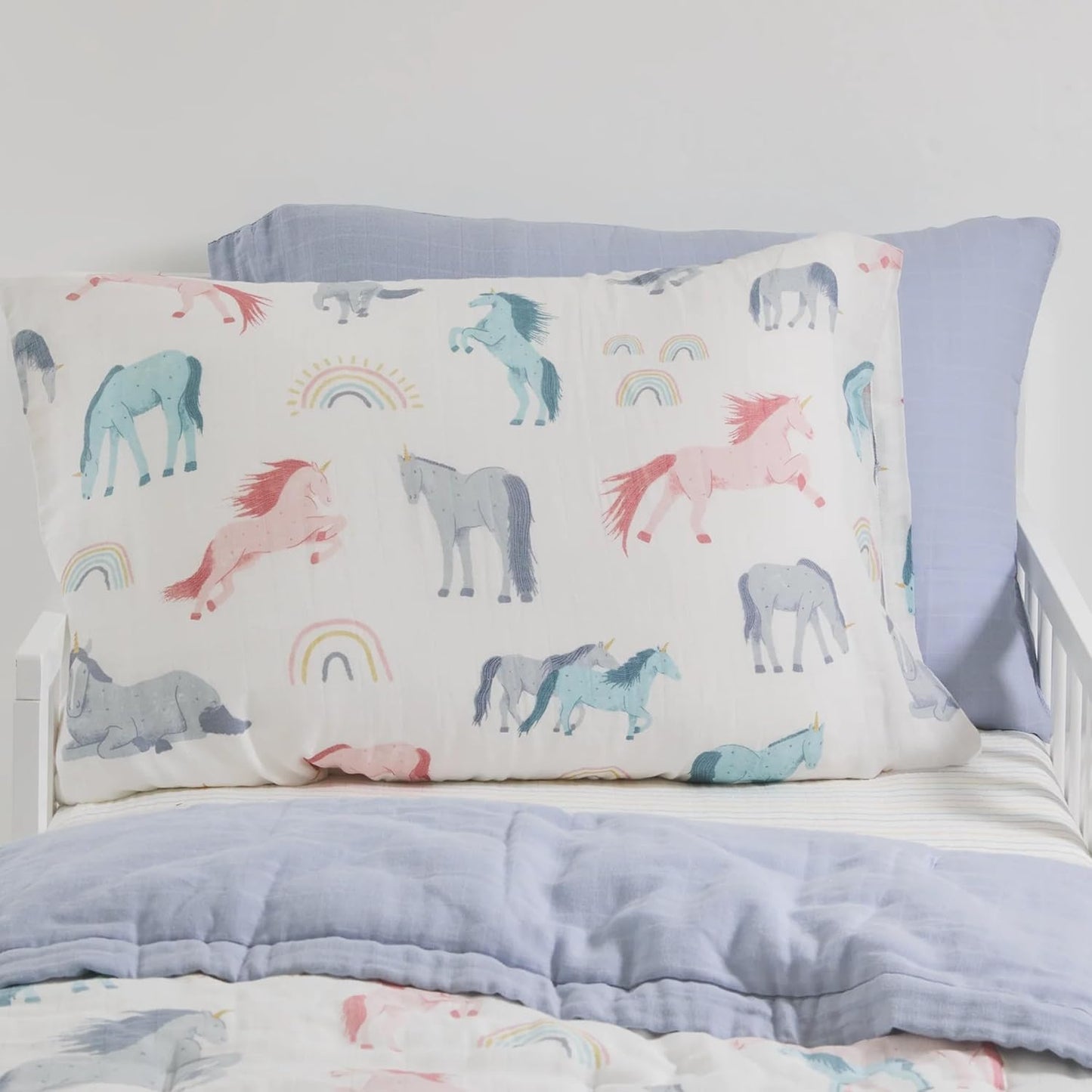 Little Unicorn Standard Pillowcase 2 Pack | Super Soft & Breathable Muslin Fabric | Snug Envelope Closure (Unicorns)