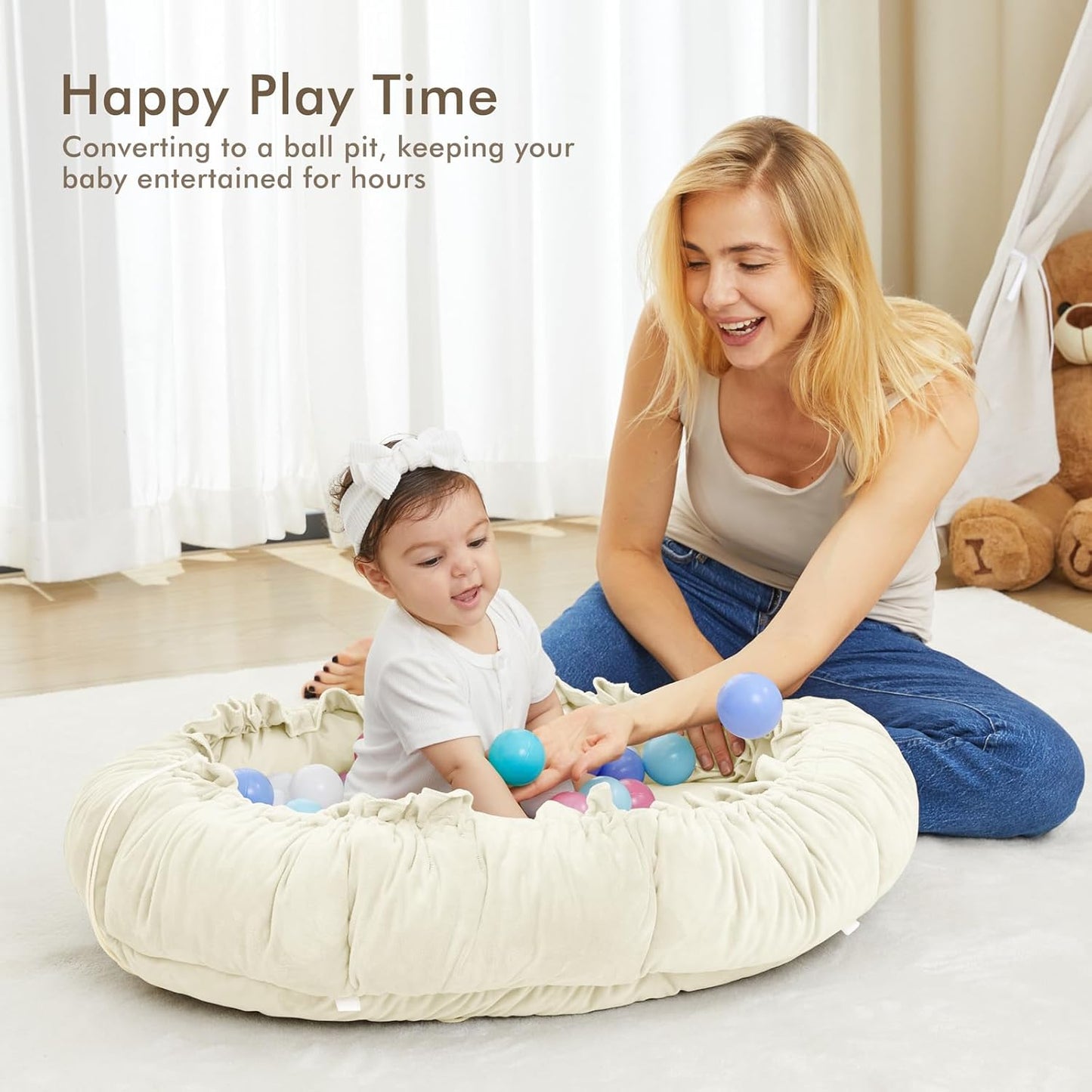 ANGELBLISS 5 in 1 Baby Play Gym Mat, Reversible Tummy Time Mat with 5 Sensory Toys for Stage-Based Developmental, Thick & Large Baby Activity Center from Newborn to Toddler (Beige)