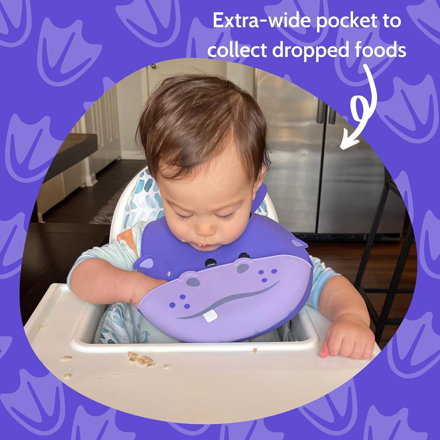 Silly Goose Silicone Animal Baby Bibs for Babies and Toddlers, Waterproof, Adjustable, Soft, Extra Wide Food Catcher Pocket (Baby Hippo)