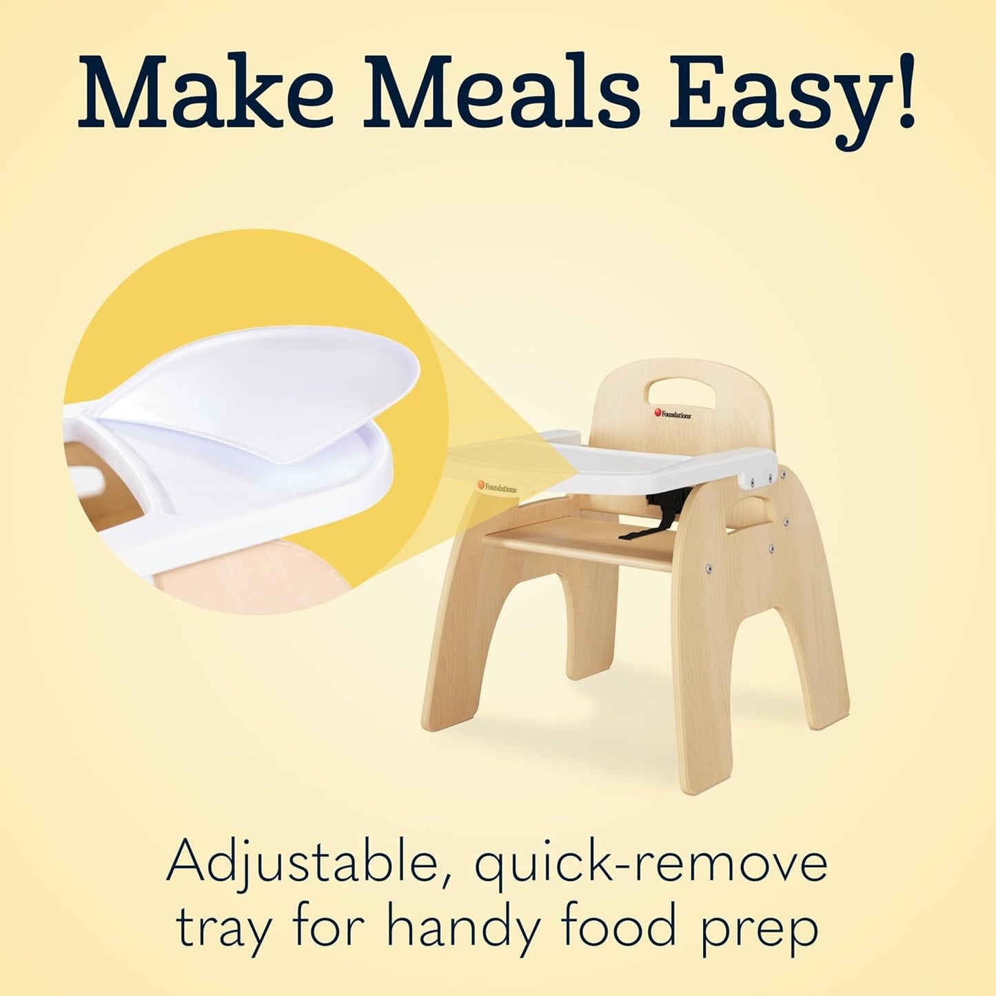 Foundations Easy Serve 9" Wood Feeding Chair for Toddlers, Adjustable Harness, Removable Dishwasher Safe Tray, “No Tip” Base, Baltic Birch Plywood