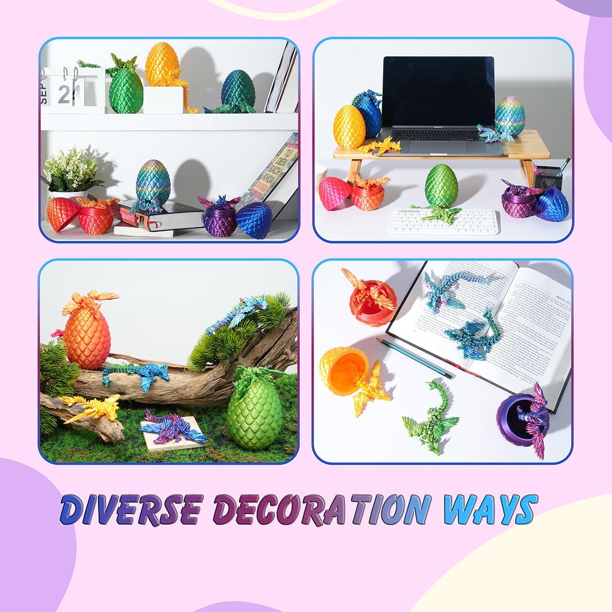 7" 3D Printed Dragon with Wings in Egg, Easter Basket Stuffers, Crystal Dragon Surprise in Eggs, Articulated Dragon, Dragon Fidget Toy, Home Office Decor Executive Desk Toy (Random Rainbow Color)