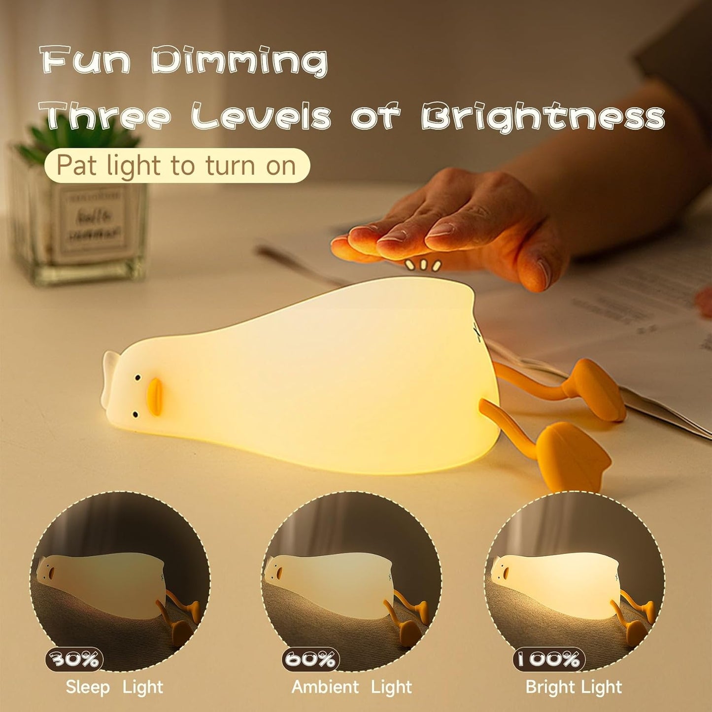 Rechargeable LED Lying Flat Duck Night Light for Kids, 3 Level Dimmable Silicone Nightlight Squishy Touch Lamp for Nursery, Breastfeeding, Toddler & Baby Decor, Cute Bedside Nightlights Gift