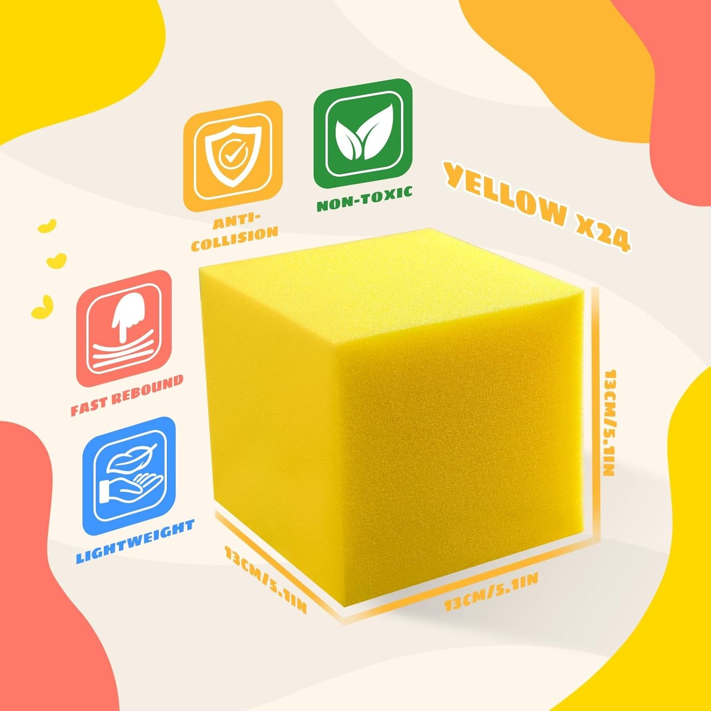 Foam Pit Cubes, 24 PCS 5 Inches Gymnastics Foam Blocks Trampoline Blocks, Multi-Sport Protective Padding for Freerunning, Trampoline, Parkour, Skate Parks & BMX -Yellow