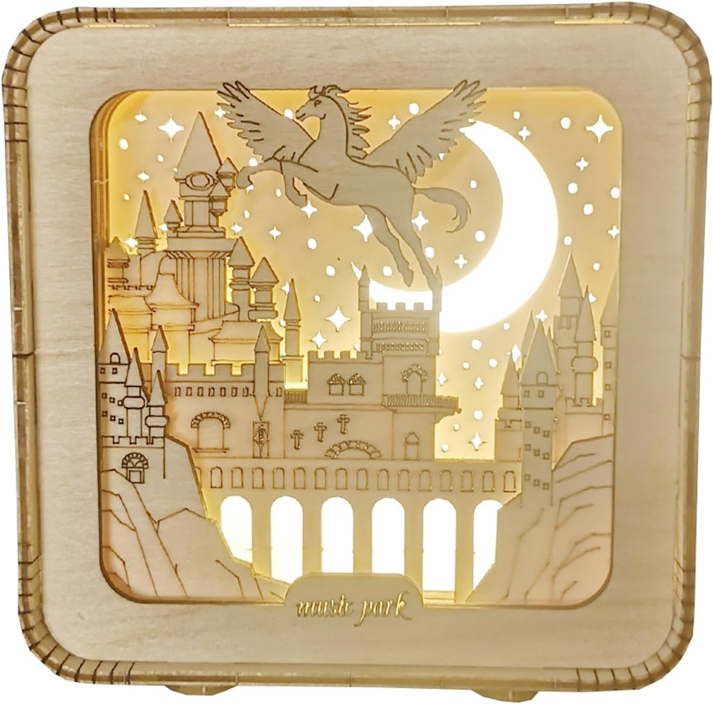 Music Park 3D Wooden Puzzles for Adults, ‎Unique Pegasus Castle Building Model Kit Night Lights, DIY Desk Decor Birthday Gifts Crafts for Adults and Kids Family Game