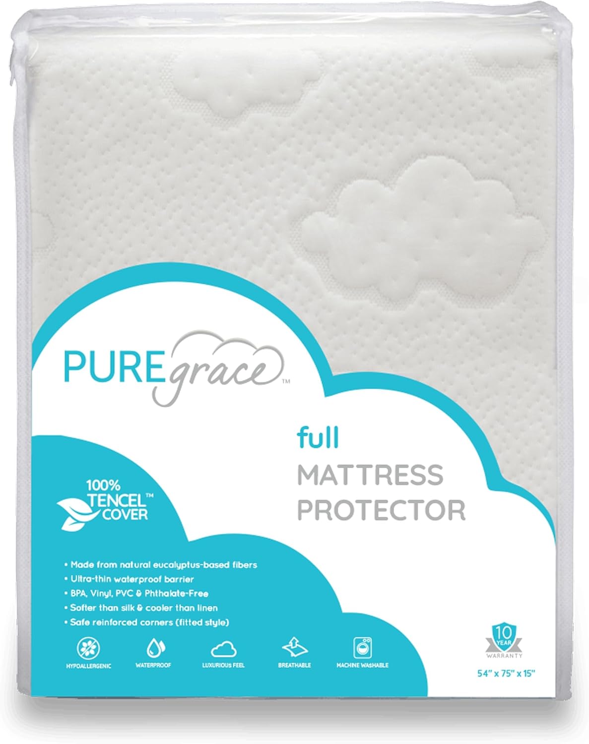 PUREgrace Tencel Mattress Protector (Full) – Waterproof, Noiseless Cover for Potty Training, Breathable and Durable with Deep-Pocketed Corners for Secure Fit