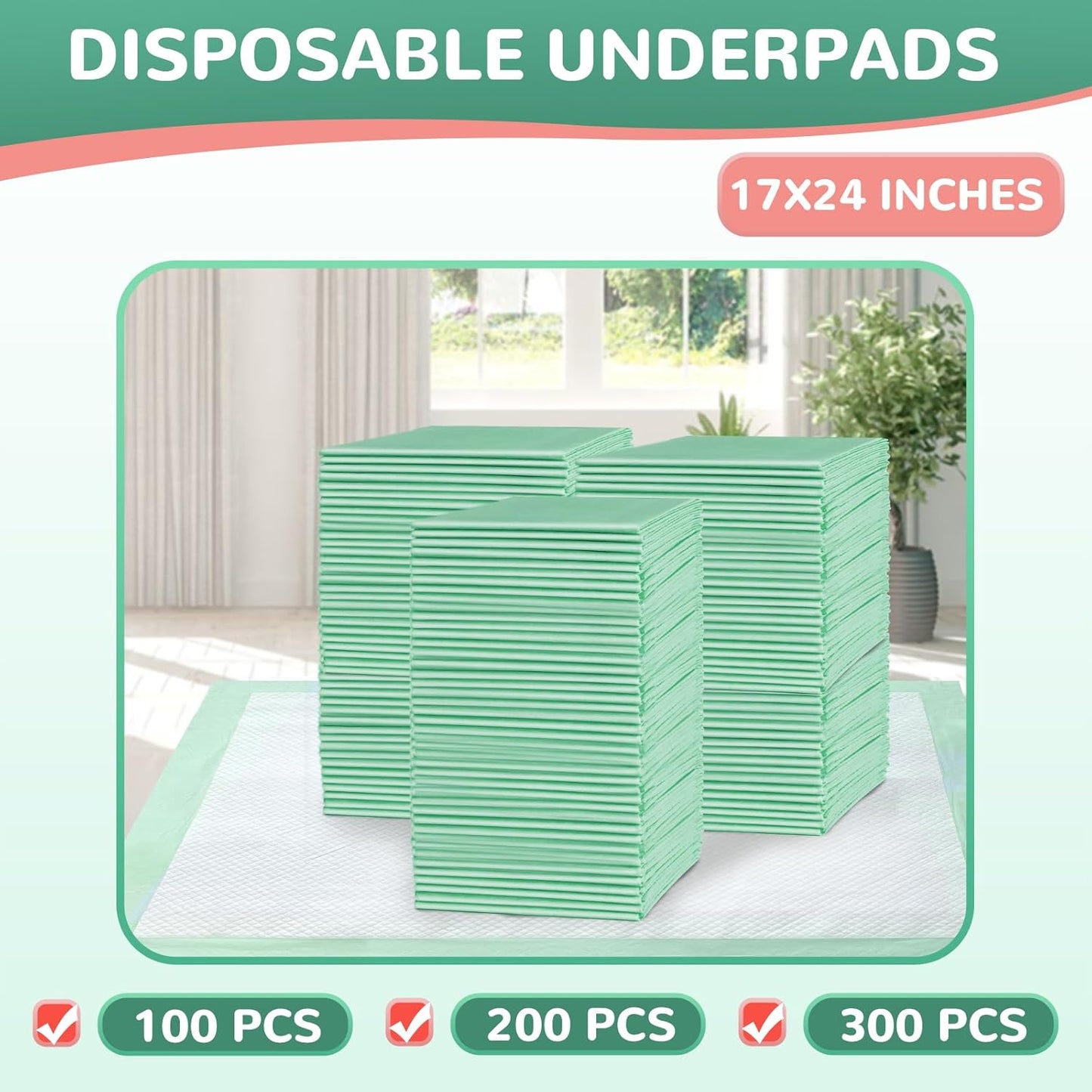 Disposable Underpads 17"×24"(100 pcs) Light Absorbent Bed Pads Small Chucks Pads for Kids, Puppy, Cat and Tioilet