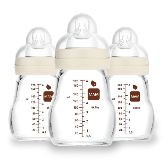 MAM Feel Good Slow Flow Premium Glass Baby Bottles, Easy Switch Between Breast and Bottle, 6oz, 0+ Months, Unisex, 3 Pack