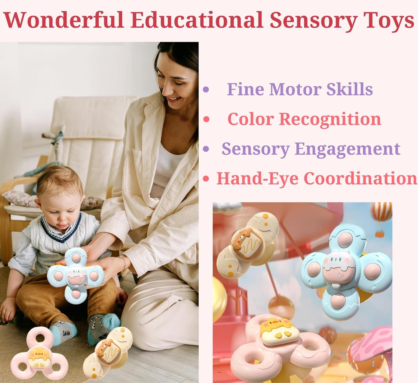 3PCS Suction Cup Spinner Toys Set: Baby Bath Sensory Spinner Toys for 1 2 Year Old Boys Girls - Stress Release, Anxiety Relief, Educational Gifts for Toddlers 1 2 3 Years Old - 3 Pack