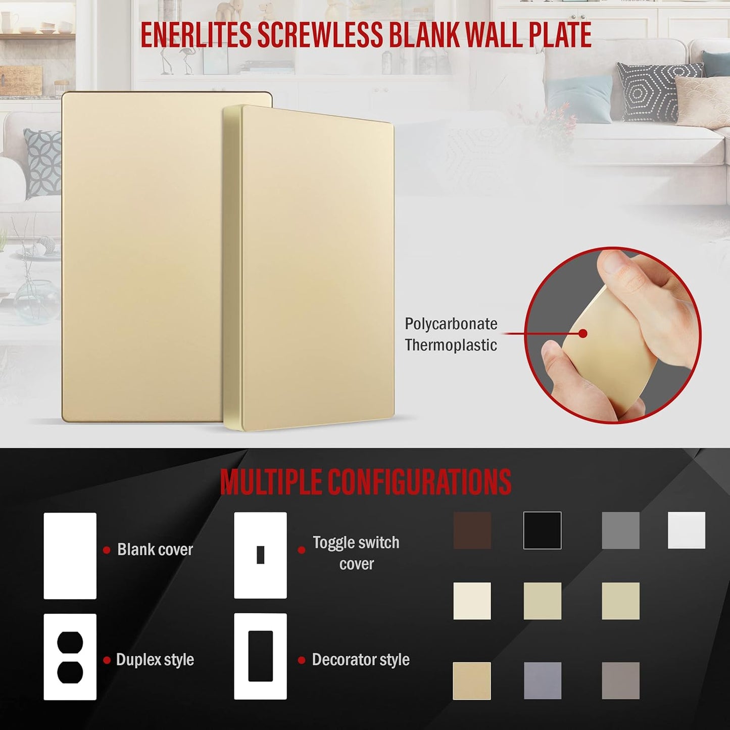 ENERLITES Screwless Blank Wall Plate, Child Safe Blank Device Outlet Cover, Standard Size, 1-Gang 4.68" x 2.93", Polycarbonate Thermoplastic, UL Listed, SI8801-GD, Gold