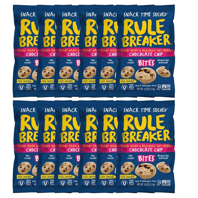 Rule Breaker Vegan & Gluten-Free Cookies | Chocolate Chip Bites | Plant-Based, Dairy, Nut, Soy, Allergen Free, Kosher | Great For School, Office, Pantry | Soft-Baked School Snacks for Kids and Adults (Pack of 12)