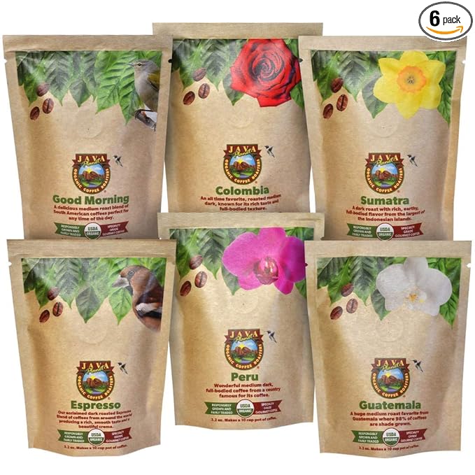 Sampler Variety Pack, Low Acid Organic Coffee Beans: Whole Bean, Mold-Free & Stomach Friendly, by Java Planet - Arabica Gourmet Coffee, 1.32 LBs of coffee packaged in six 3.2 oz bags