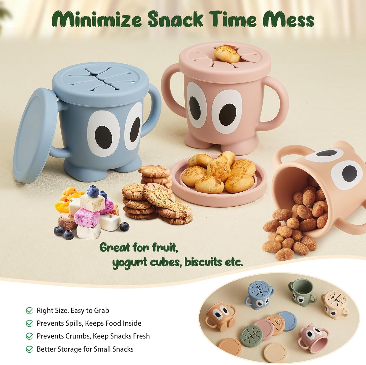 Silicone Snack Cups Food Container for Toddlers and Babies, Spill Proof Training Cup with Snack Cup Lid & Dust Proof Lid, Comes with a toy strap, Without BPA, Lead, or Phthalates (Ether & Sage)