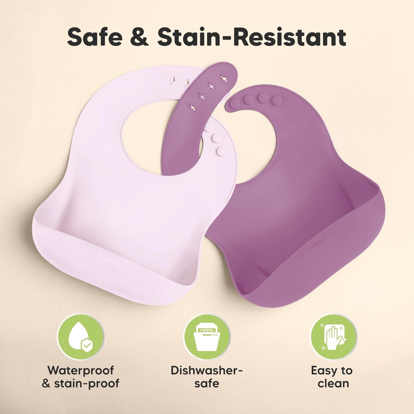 KeaBabies 2-Pack Silicone Baby Bibs for Eating - Sturdy Food-Grade Silicone Bibs for Babies Girl, Boy, Large Food Catcher, Clean & Put On Easily, Waterproof Toddler Feeding Essentials (Amethyst)