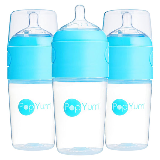 PopYum 9 oz Blue Anti-Colic Formula Making/Mixing/Dispenser Baby Bottles, 3-Pack with #2 Medium Flow Nipples, 260 ml, BPA-Free, Natural Latch