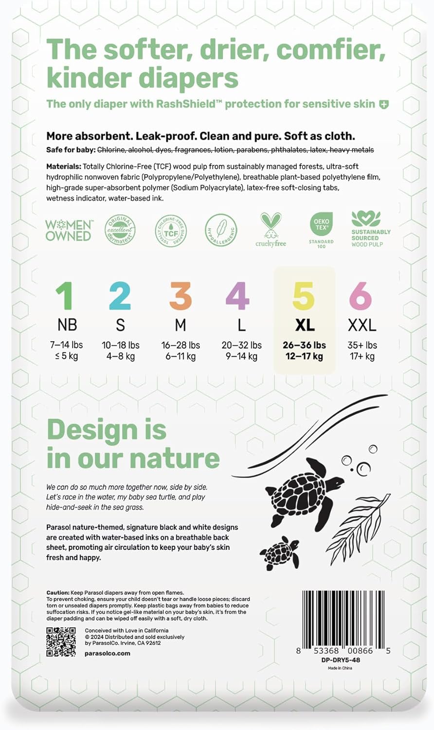 Parasol Clear+Dry Disposable Diapers, RashShield Protection and Leak-Control Fit, Hypoallergenic Diapers, Size 5 (26-36 lbs), 192 Count