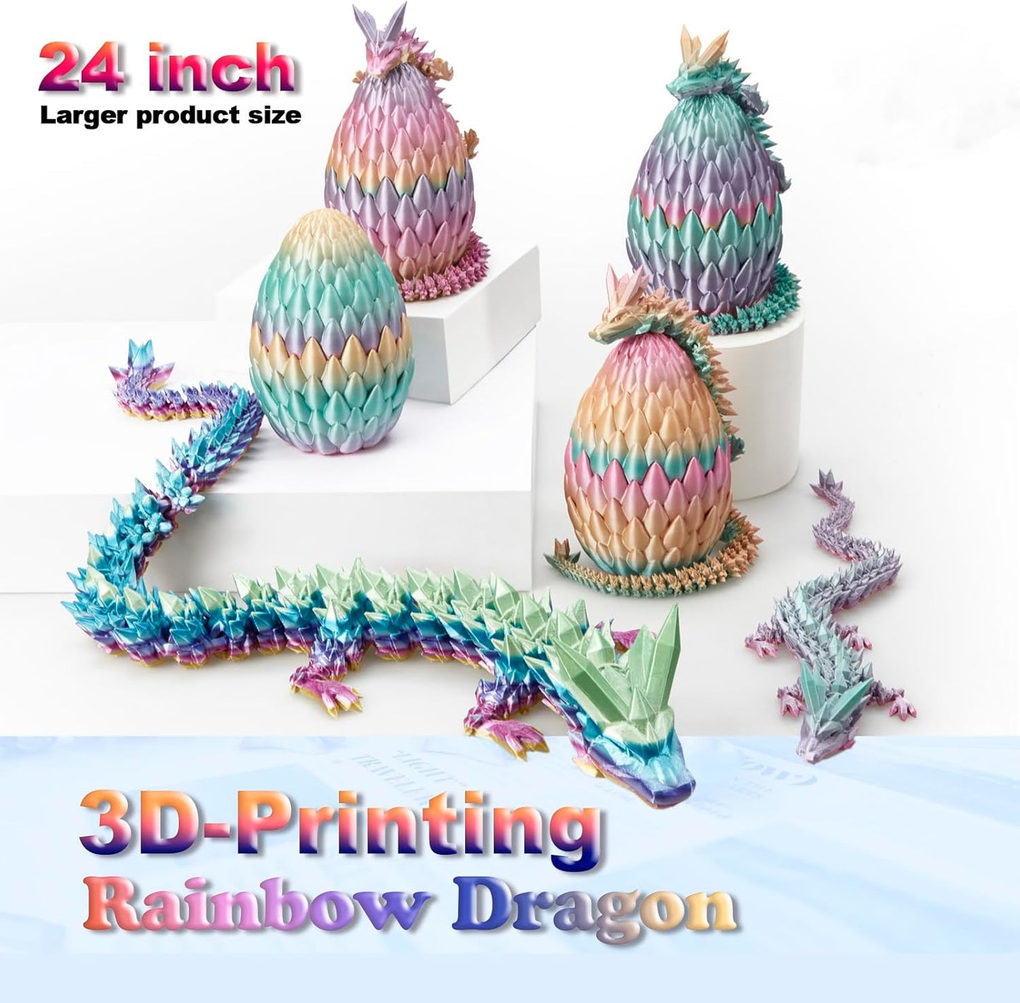Large 24" 3D Printed Dragon,Articulated Crystal Dragon,3D Dragon Toy,Dragon Collection, Executive Desk Decor (Rainbow)