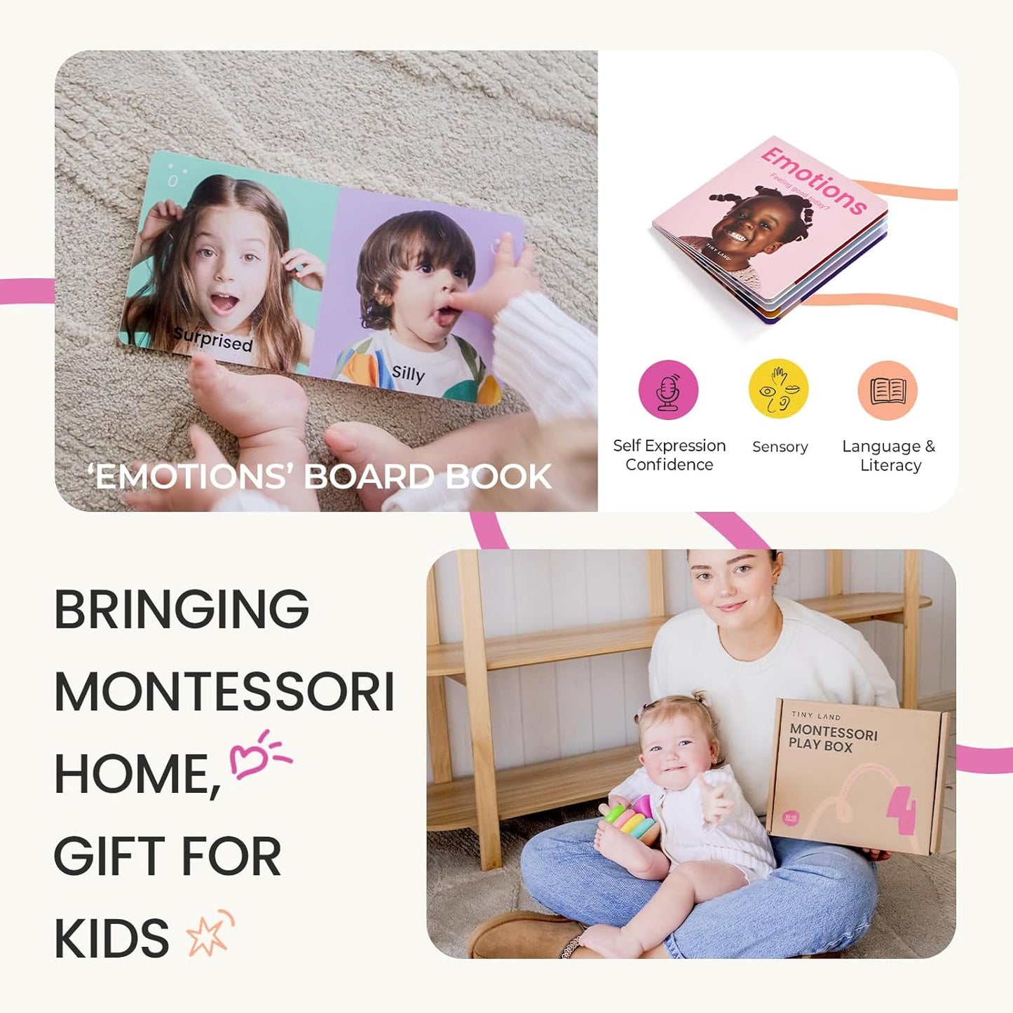 Tiny Land Montessori Toy Set for Babies 1 Year Old Thinker Play Kit- 5-in-1 Wooden Learning Toys with Peg Drop Box, Rocking Stacker, Egg Cup, Canister Set, and Crinkle Bag