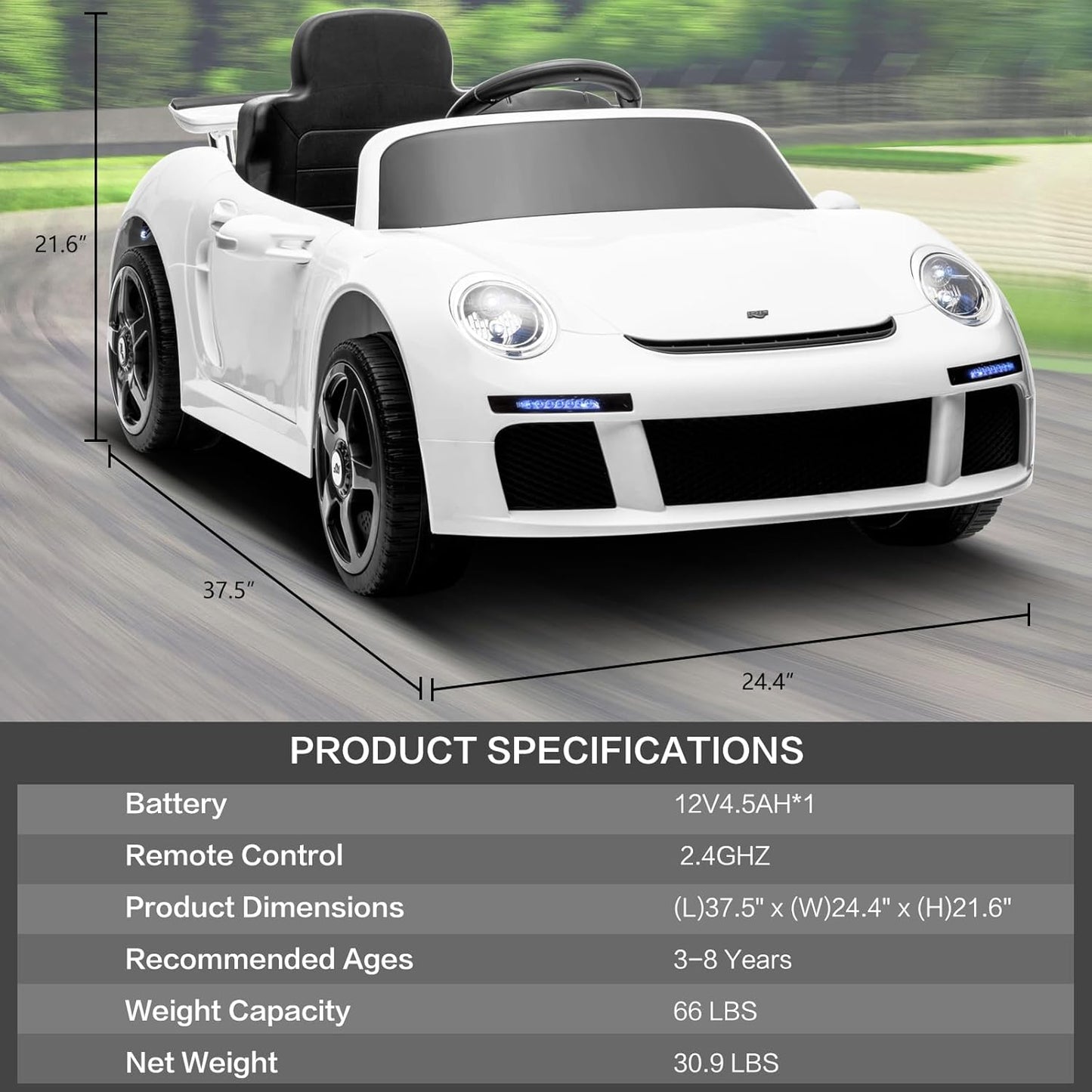 Licensed RUF CTR3 12V Kids Electric Car with Parent Remote Control, 2 Motors, 3 Speeds, LED Lights, MP3 Player | Battery Powered Ride-On Toy for Kids to Drive - White