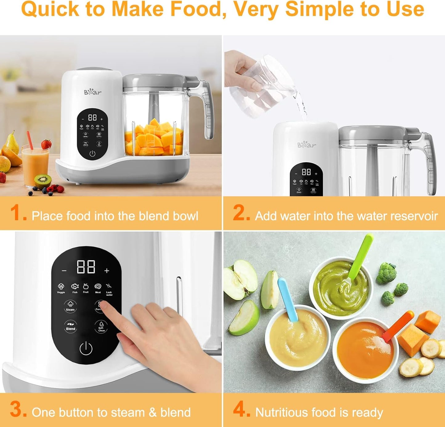 BEAR 2024 Baby Food Maker | One Step Baby Food Processor Steamer Puree Blender | Auto Cooking & Grinding | Baby Food Puree Maker with Self Cleans | Touch Screen Control, White