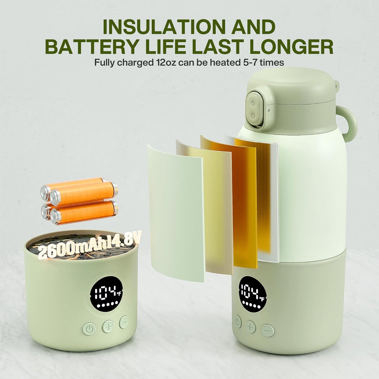 Portable Bottle Warmer for Travel,Formula Container to Go 12.8oz Baby Bottle Warmer with 2-Min Fast Heating,Milk Warmer for Baby Travel Essential with Long Time Keep Warm Function