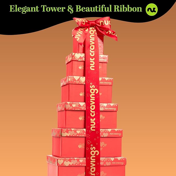 NUT CRAVINGS - Thanksgiving Dried Fruit & Mixed Nuts Gift Basket Red Tower + Heart Ribbon (12 Assortments) Holiday Xmas Christmas Food Arrangement, Healthy Snack Care Package