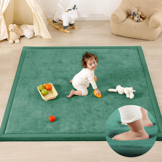 1.3" Thick Baby Play Mat,Ultra Soft Elasti-Foam 50×50 Playpen Mat for Tummy Time,Water-Repellent Coral Fleece Nursery Rug for Infants,Toddlers,Kids,Non-Slip Safe for Crawling(Emerald)