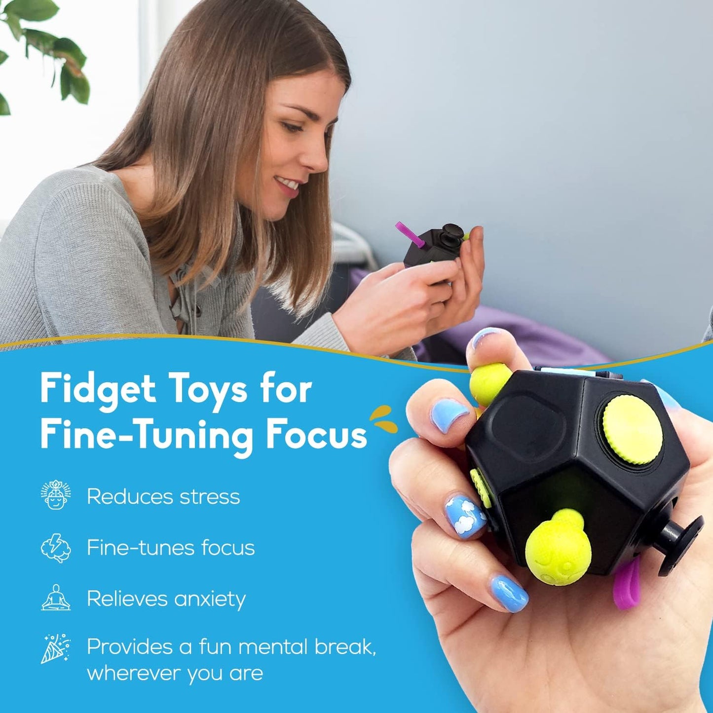 PILPOC theFube Fidget Cube with 12 Sides - Handy Anxiety Toys for Kids and Adults - Fidget Dice for Stress Relief & Focus - Anti Stress Cube for ADHD, ADD, with Carry Case (Light Blue & Mix)