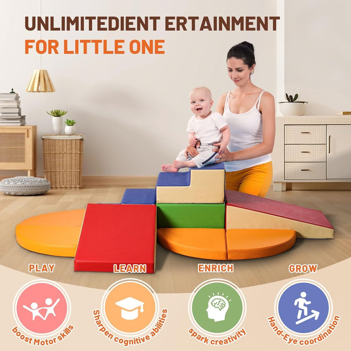 9-Piece Climbing Foam Blocks: Soft PU Leather - Baby Climb and Crawl Activity Blocks - Kids Play Gym Equipment Indoor for Development