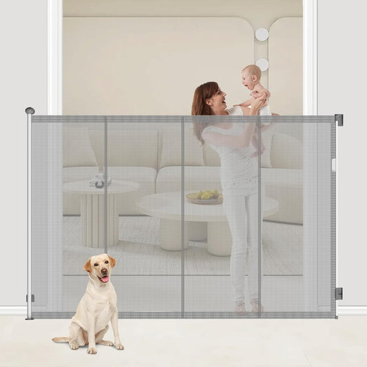 Extra Tall 57'' Reinforced Retractable Mesh Baby Gates with Reinforced Strips,Dog Gate Extends to 79" Wide,Prevents Bottom Drilling Through Baby and Pet,Retractable Pet Gate for Outdoor/Indoor