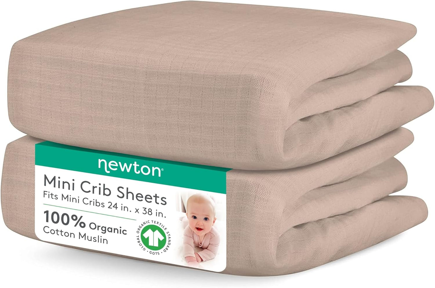 Newton Baby Mini Crib Sheets (2-Pack) | Organic Muslin Cotton, Ultra Breathable & Soft Baby Sheets, Machine Washable Baby Mattress Sheets, Fits Any Mini Sized Crib 24" x 38", Clay