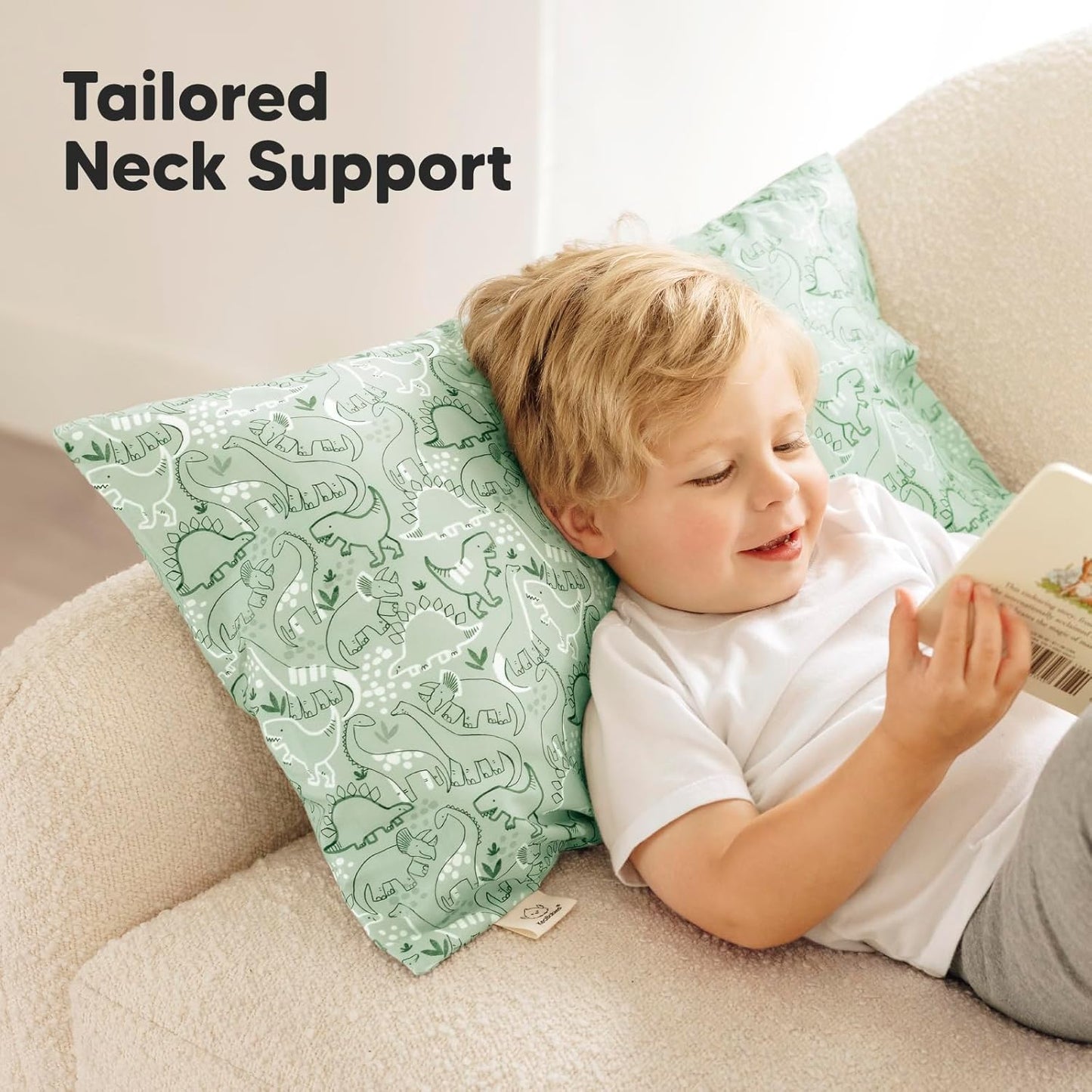 KeaBabies Toddler Pillow with Pillowcase, Jumbo 14X20 - Soft Organic Cotton Toddler Pillows for Sleeping - Machine Washable - Perfect for Travel, Toddler Bed Set (DinoDood)