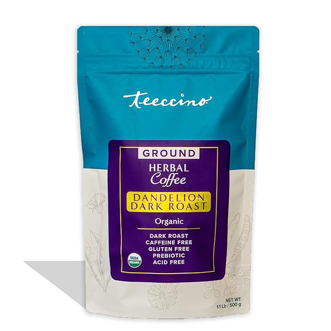 Teeccino Dandelion Dark Roast Herbal Coffee, 1.1 Pound - Caffeine-Free Coffee Alternative with Prebiotics, Gluten Free, Acid Free, Organic