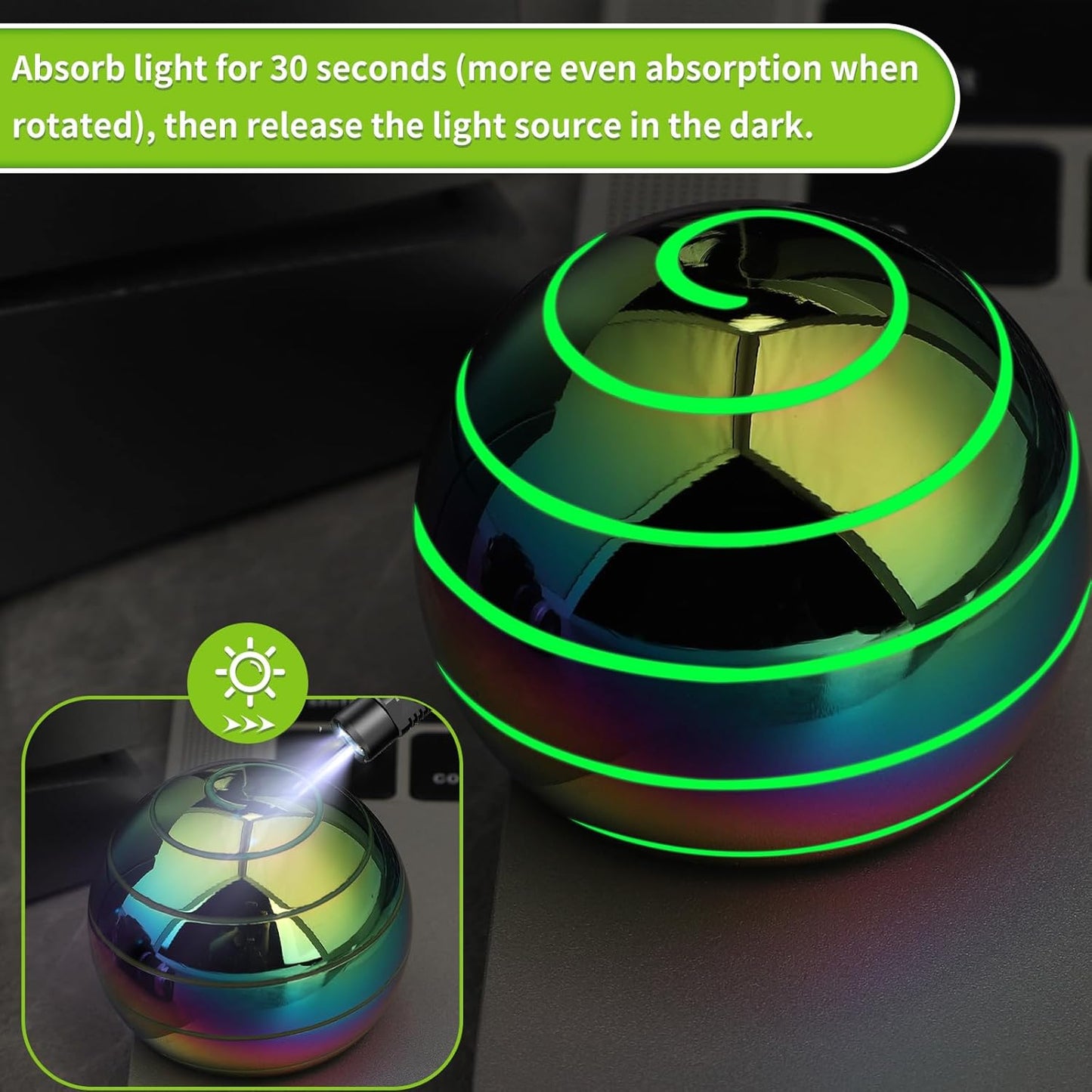 Kinetic Fidget Spinner Lumious Desk Toy for Kids Adults, Cool Optical Illusion Gadget Metal Stress Relief Gyro Ball, Easter Egg Stuffer Birthday Party Gift for Age 3-12 5-16 (Rainbow-Green Light)