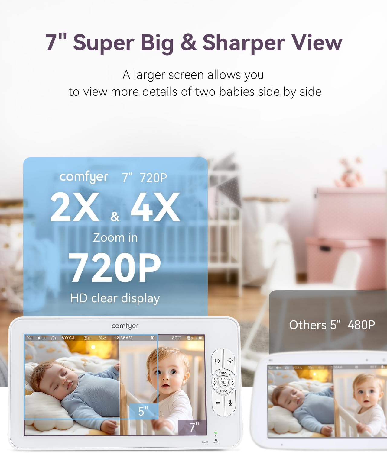 7" Split-Screen Baby Monitor with 2 1080P Cameras, 720P HD No WiFi Monitor with a Flexible Bracket, Video Baby Monitor with Camera and Audio, 2 Way Audio, Remote PTZ, Auto Night Vision
