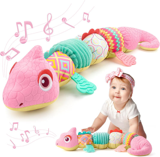 Baby Toys 0-6-12 Months, Musical Stuffed Animal Activity Soft Toys with Multi-Sensory Crinkle,Rattles and Textures,Infant Baby Girl Toys Gifts for Newborn Tummy Time,Dinosaur,Pink