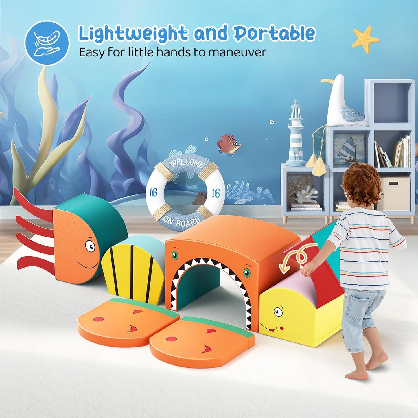 Lischwert Foam Climbing Blocks for Toddlers, Shark Theme Baby Climbing Blocks Soft Play Climbing for Toddlers with Foldable Block and Tunnel Indoor Climbing Toys for Toddler 1-3, 6 Pieces