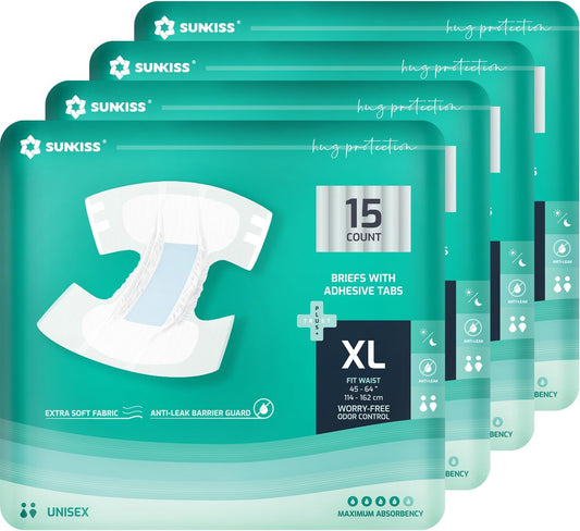 SUNKISS TrustPlus Adult Diapers with Maximum Absorbency, Unisex Disposable Incontinence Briefs with Tabs for Men and Women, Odor Control, XLarge, 60 Count (4 Packs of 15)