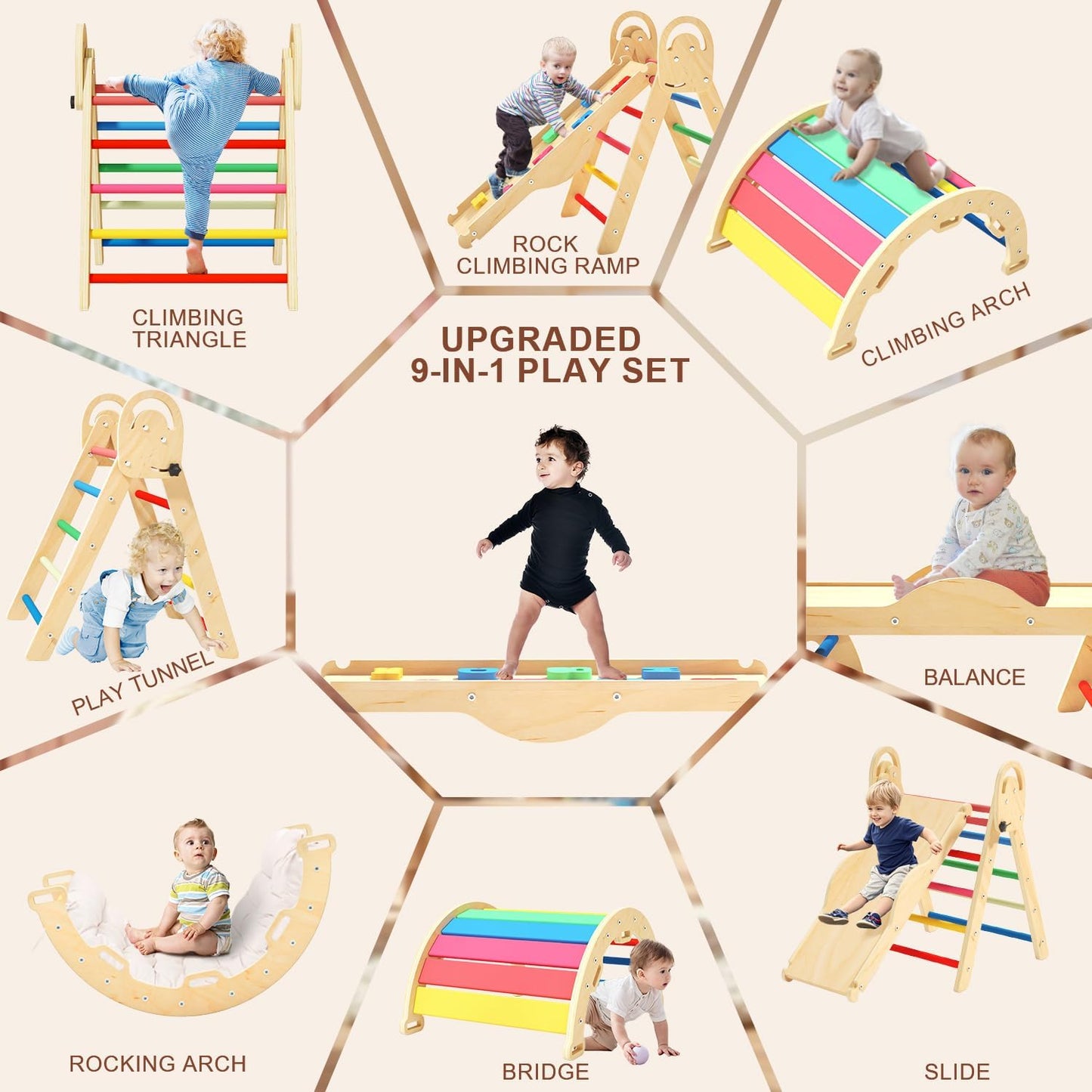 Pikler Triangle Set with Cushion, Montessori Climbing Set, Indoor Climb Toys, Indoor Playground Jungle Gyms, 9 Combinations Climbing Toy Set for Toddler, Baby, Kids 1-4