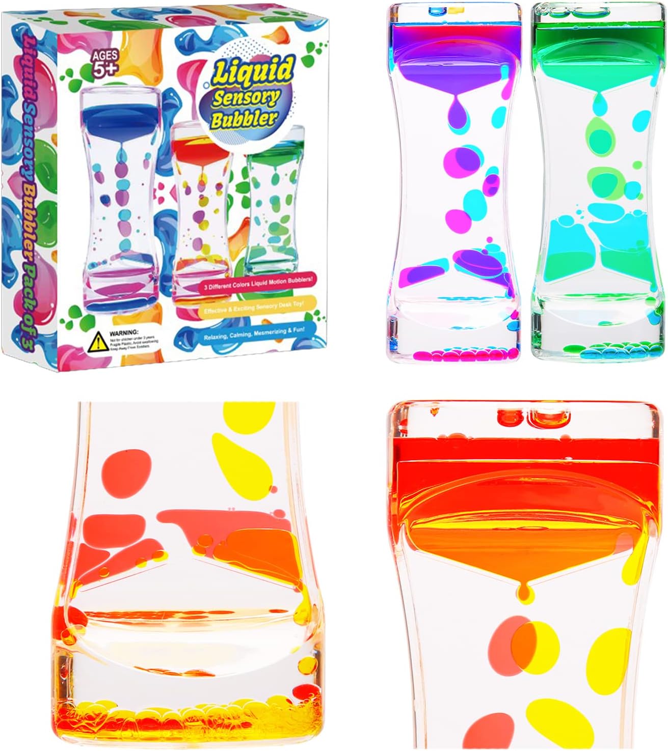 Liquid Motion Bubbler,CAILINK 3 Pack Kids and Adults Relax Sensory Toys,Stress Relief Fidget Water Timers,Colorful Hourglass,ADHD Anxiety Autism Activity,Home Office Desk Decor