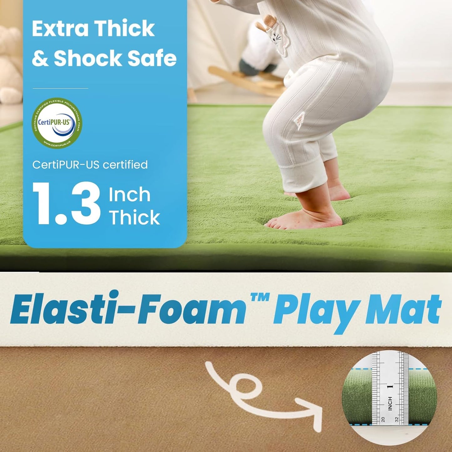 Ultra Soft Baby Play Mat,1.3" Thick Elasti-Foam Tummy Time Mat for Infants,Toddlers,Kids,Water-Repellent Coral Fleece Nursery Rug,Non-Slip Safe for Crawling&Hardwood Floors(Olive Green)