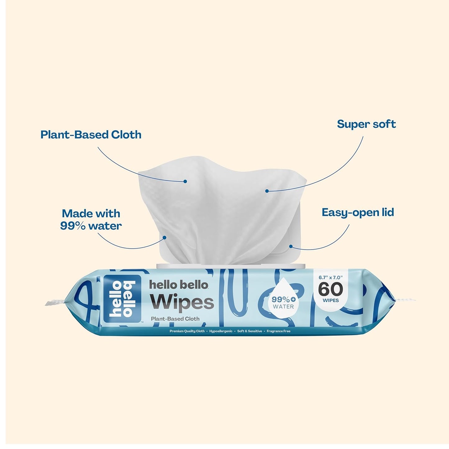 Hello Bello Extra Gentle Unscented Baby Wipes, Plant Based, Made with 99% Water and Aloe for Babies and Kids, 60 Count (Pack of 9) Total 540 Count